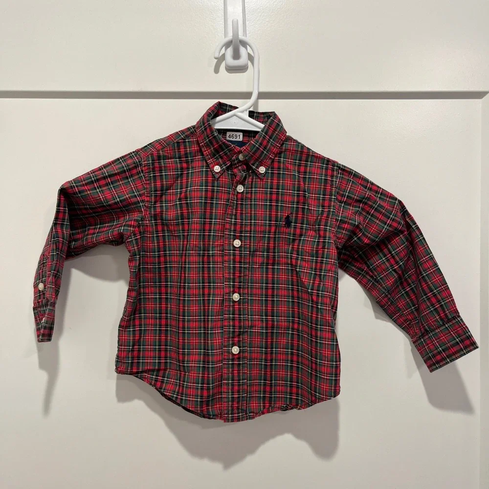 Polo Ralph Lauren Toddler Boys Red Green Plaid Button Down Shirt 18M Cotton